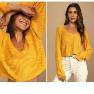 Lulus Mustard Yellow Knit V-Neck Cropped Sweater S Fall is Calling